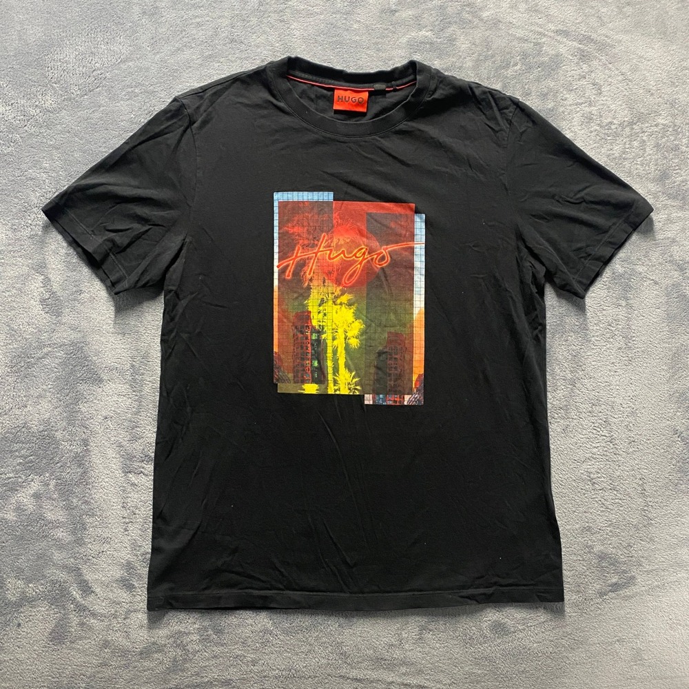 HUGO T-Shirt Mens Large Black Dalpamayo Neon City Palm Tree Print Graphic